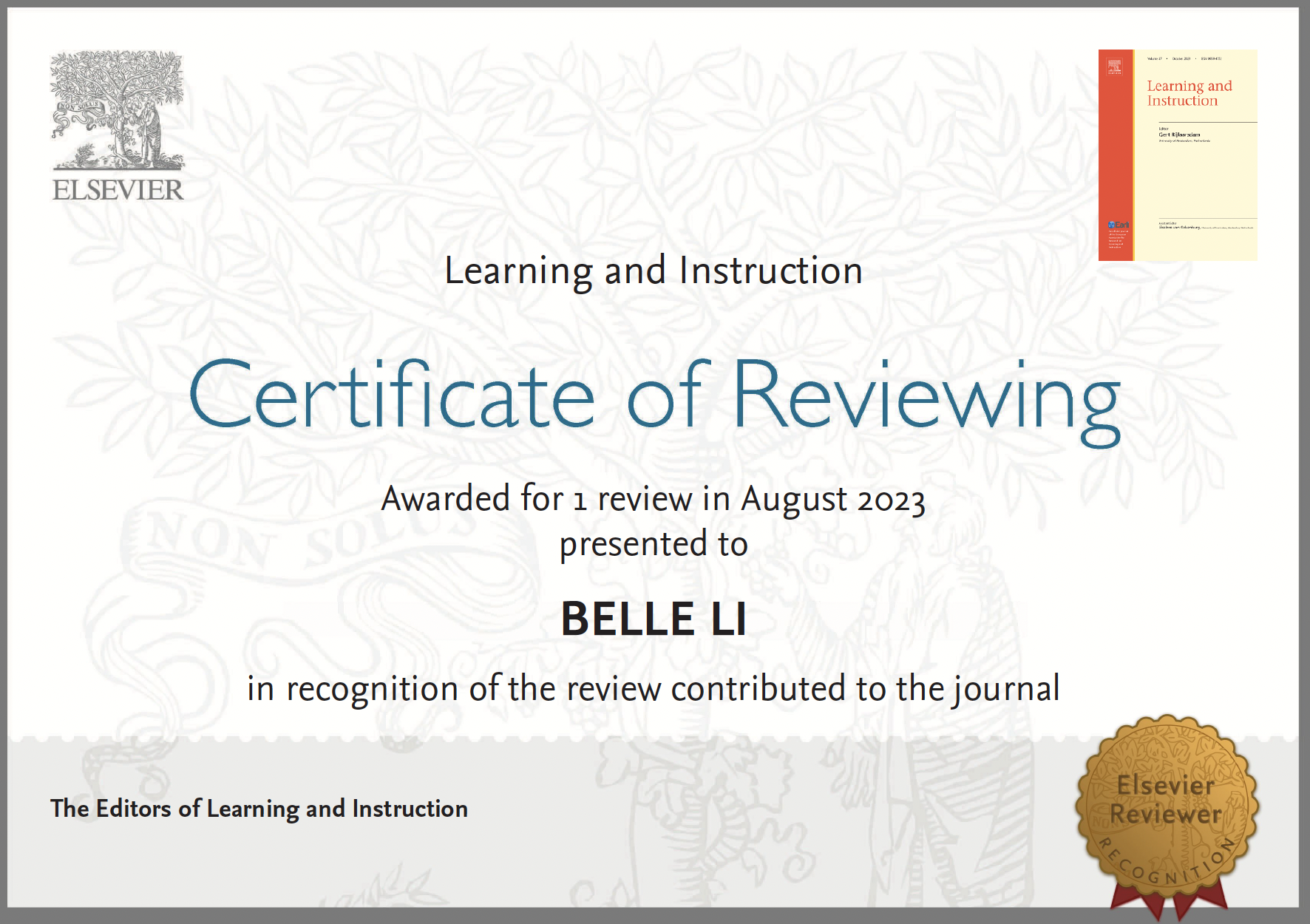 Reviewer certificate recognizing Belle Li's service for Learning and Instruction